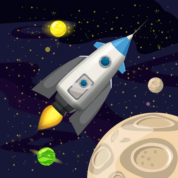 Uzay roket fırlatma, uzay gemisi, uzay arka plan, karikatür tarzı, vektör çizim