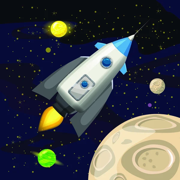 Uzay roket fırlatma, uzay gemisi, uzay arka plan, karikatür tarzı, vektör çizim