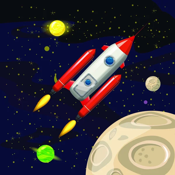 Weltraumraketenstart, Raumschiff, Weltraum Hintergrund, Cartoon-Stil, Vektorillustration — Stockvektor