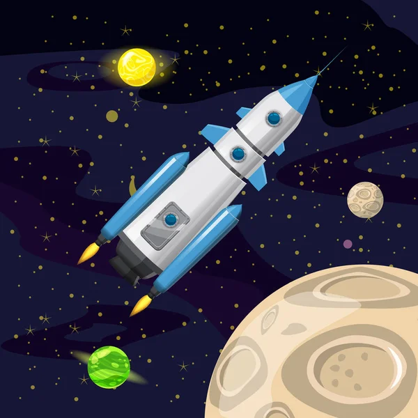 Ruimte raketlancering ruimteschip, ruimte achtergrond, cartoon stijl, Vector Illustratie — Stockvector