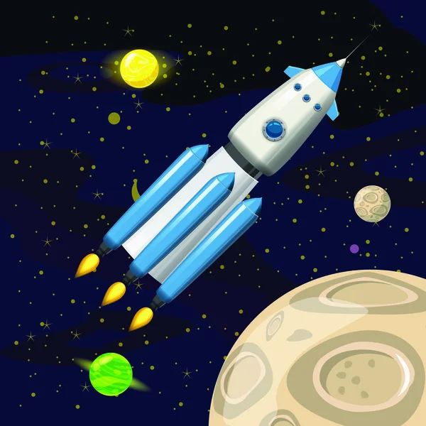 太空火箭发射, 宇宙飞船, 空间背景, 卡通风格, 矢量插图 — 图库矢量图片