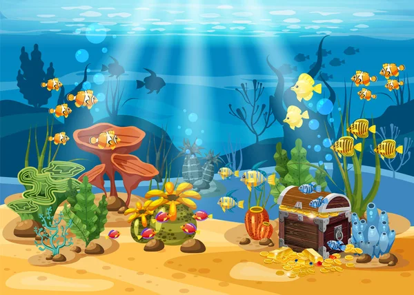 Underwater treasure, chest at the bottom of the ocean, gold, jewelry on the seabed. Underwater landscape, corals, seaweed, tropical fish, vector, cartoon style, isolated — Stock Vector