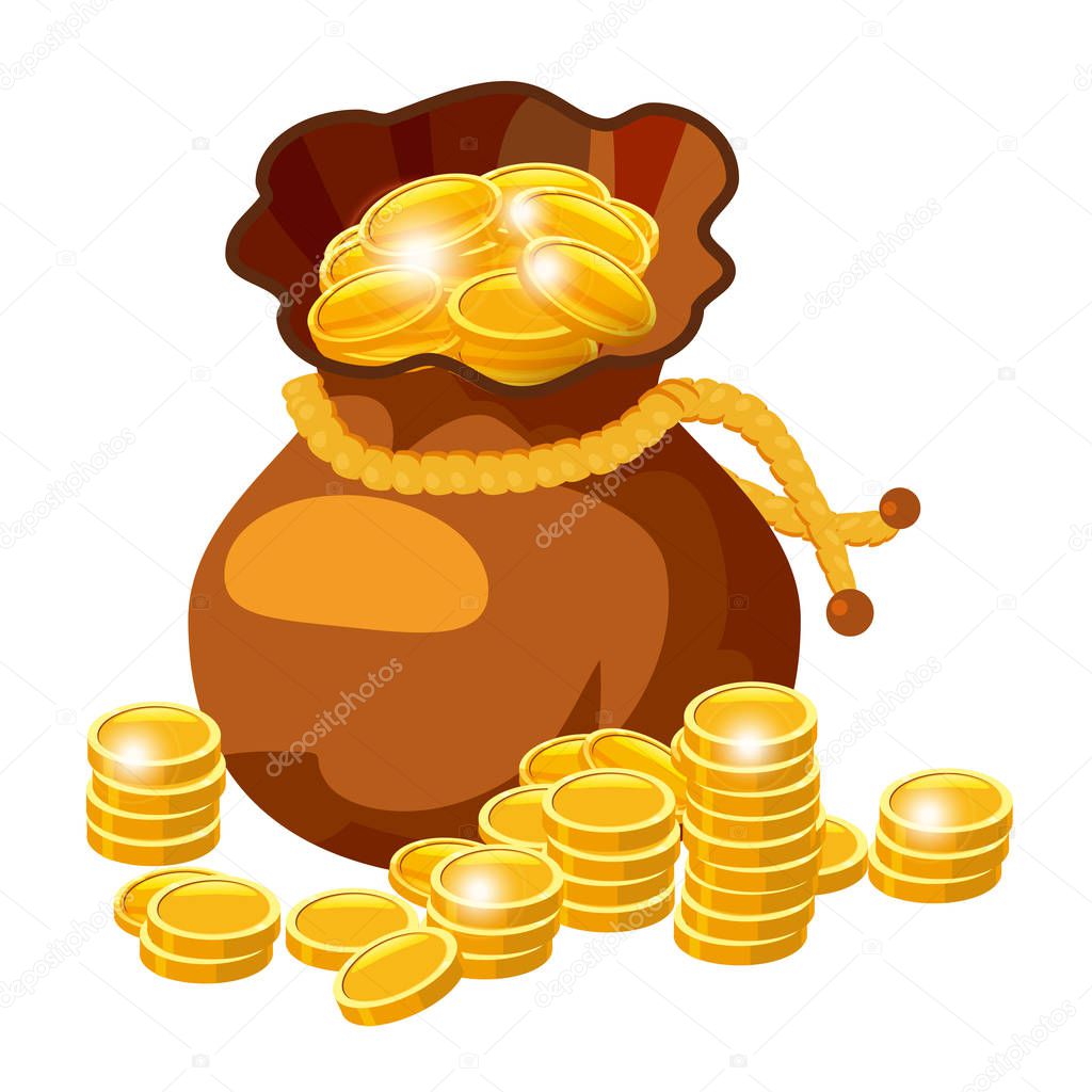 Cartoon big old bag with gold coins. Cash prize vector concept. Bag with golden coin, illustration of money, isolared on white background