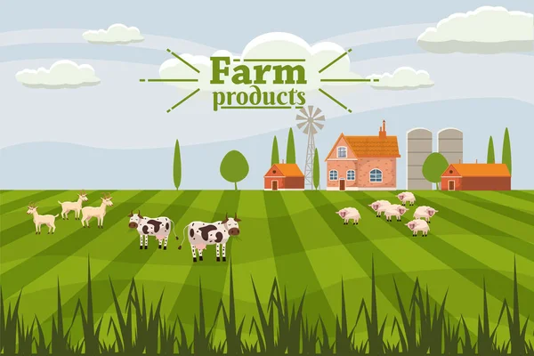 Paysage rural mignon avec ferme et troupeau de vaches. Cartoon style, vecteur, isolé — Image vectorielle