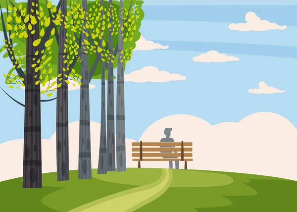 Paesaggio autunnale, alberi con foglie gialle, panchina solitaria per contemplare la natura autunnale, vettore, isolato, stile cartone animato — Vettoriale Stock