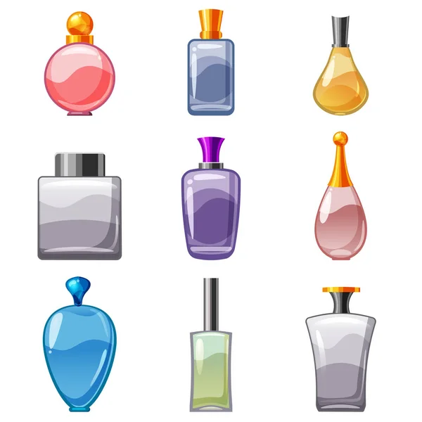 Conjunto de botellas perfumadas, perfume, colonia, agua del inodoro, cuidado del cuerpo, belleza, vector, aislado, estilo de dibujos animados — Vector de stock