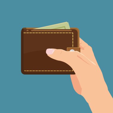 Kavramı ile el ve cüzdanı para dolu. Online alışveriş. Tıklama başına ödeme. Para verme. İzole. Vektör çizim. Karikatür tarzı