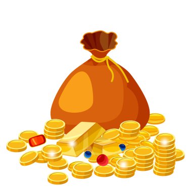 Çizgi film altın takı ile büyük eski çanta. Nakit ödülü vektör kavramı. Torba altın madeni para, para resmi, beyaz arka plan üzerinde isolared