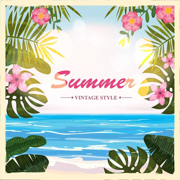 Vector summer retro poster background, flowers, beach, vector, illustrations — Stock Vector