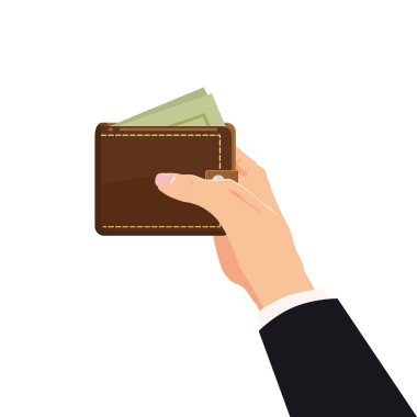 Kavramı ile el ve cüzdanı para dolu. Online alışveriş. Tıklama başına ödeme. Para verme. İzole. Vektör çizim. Karikatür tarzı