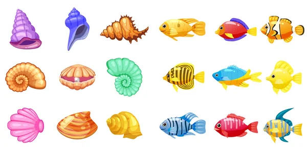 Icônes de jeu de dessin animé vectoriel avec coquillage, poissons tropicaux récifs coralliens colorés, perle, pour match sous-marin trois jeu, applications sur fond blanc. Éléments isolés . — Image vectorielle