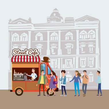 Mobile yemek Van, kahve gıda kamyon vektör, barista satıcısı, karakterler, erkek ve kadın stand kahve ve atıştırmalıklar, illüstrasyon, kahve ve tatlılar kamyon, vektör, karikatür tarzı için sıraya