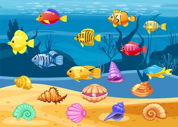 Cartoon Vector ícones do jogo com concha, Recife de coral colorido peixes tropicais, pérola, fundo subaquático, para combinar três jogos, aplicativos sobre fundo branco. Elementos isolados . — Vetor de Stock