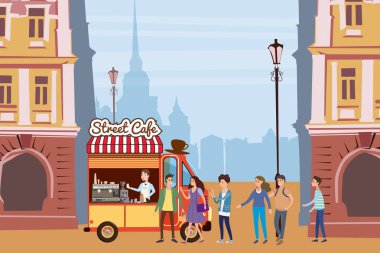 Kahve kamyon, barista, renkli kahve dükkanı açık kompozisyon, şehir, kahve, erkekler ve kadınlar, gençler, kentsel sahne, vektör, doğrultusunda ayakta alıcılar ile izole stil, çizgi film