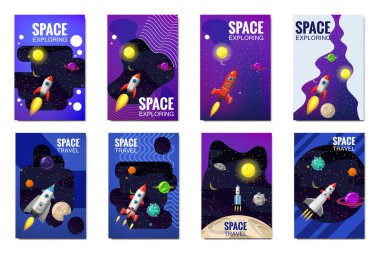 Uzay roket seyahat kartları, evren, diğer gezegenler, uçan roketler, uzak galaksilerin yıldızların, flyear, dergiler, posterler, kitap kapağı, afiş şablon keşif ayarlayın. Vektör, afiş