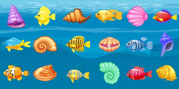 Beyaz arka plan üzerinde maç üç oyun, apps için vektör oyun simgeleri ile deniz kabuğu, renkli mercan resif tropikal balık, inci, arka plan sualtı, karikatür. İzole öğeleri. — Stok Vektör