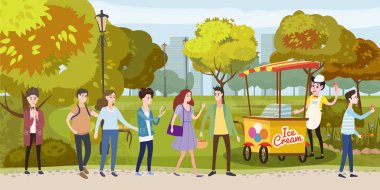Park, sepeti ve dondurma satıcı, mutlu insanlara tahammül hat dondurma, erkekler ve kadınlar, farklı karakterler, açık için vektör, illüstrasyon, izole karikatür tarzı