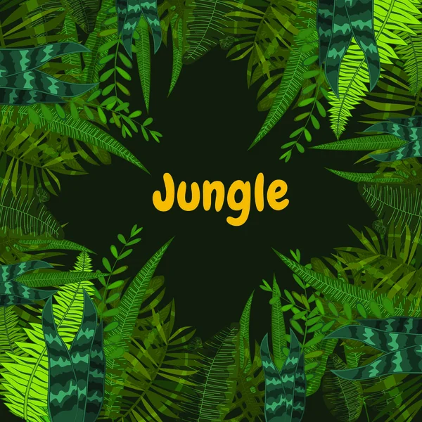 Tarjeta de selva tropical de verano con hojas de flores. Estilo de dibujos animados. Ilustración vectorial, aislada — Archivo Imágenes Vectoriales