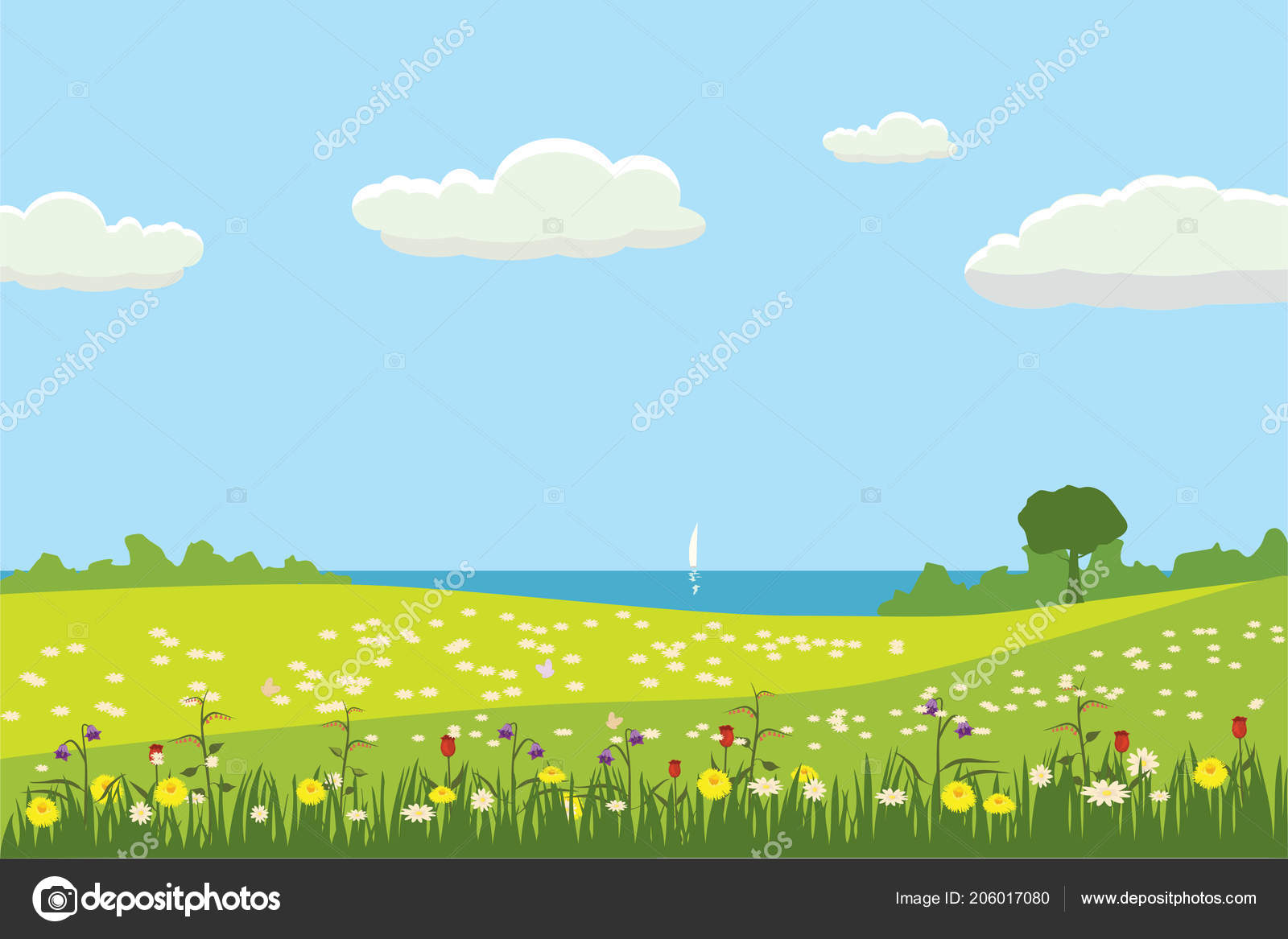 A rural cute landscape, a beautiful view, fields of meadows, flowering  flowers. Cartoon style, vector, isolated Stock Vector Image by  ©ValeriHadeev #206017080