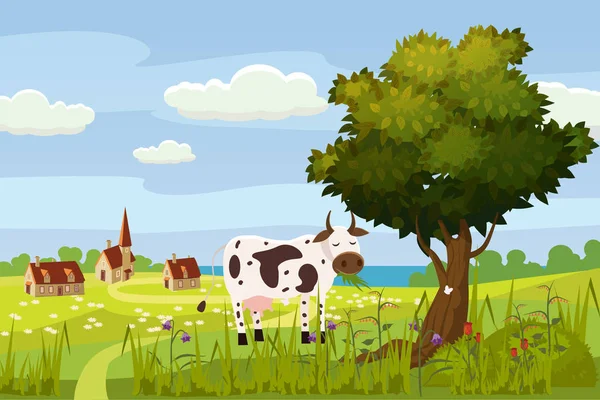 Un paysage rural mignon, une belle vue, une ferme, une maison, une vache, des champs de prairies, des fleurs fleuries. style dessin animé, vecteur, isolé — Image vectorielle