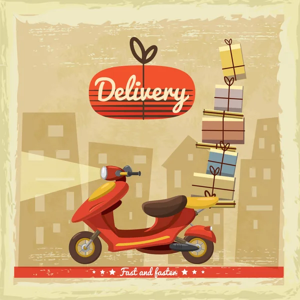 Servicio de la motocicleta de la vespa de la entrega, orden, envío mundial, transporte rápido y libre, estilo de la historieta, aislado — Vector de stock