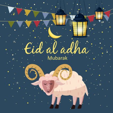 Müslüman tatil Kurban Bayramı. kurban bir ram veya beyaz koyun. Grafik tasarım dekorasyon kurban bayrami. Ay, ay kuzu ve bir lamba. İzole vektör, illüstrasyon,