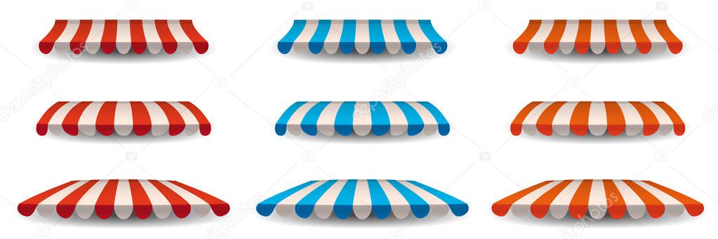 A set of striped red, blue, orange white awnings, canopies for the store. Awning for the cafes and street restaurants. Vector illustration isolated on white background. Isolated