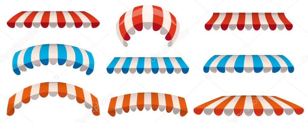 A set of striped red, blue, orange white awnings, canopies for the store. Awning for the cafes and street restaurants. Vector illustration isolated on white background. Isolated
