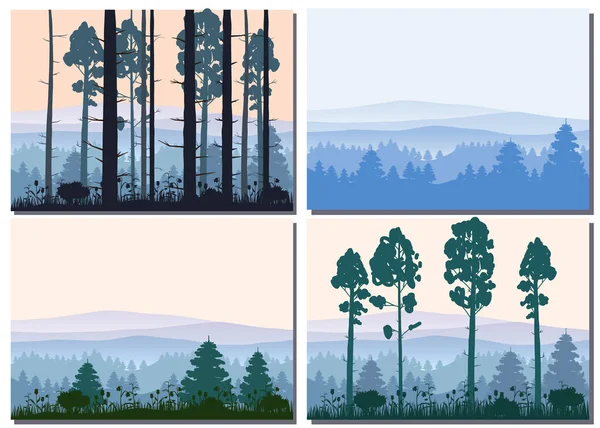 Set kaarten Forest, silhouetten, bomen, pijnboom, spar, natuur, milieu, horizon, panorama, vector, illustratie, geïsoleerd — Stockvector