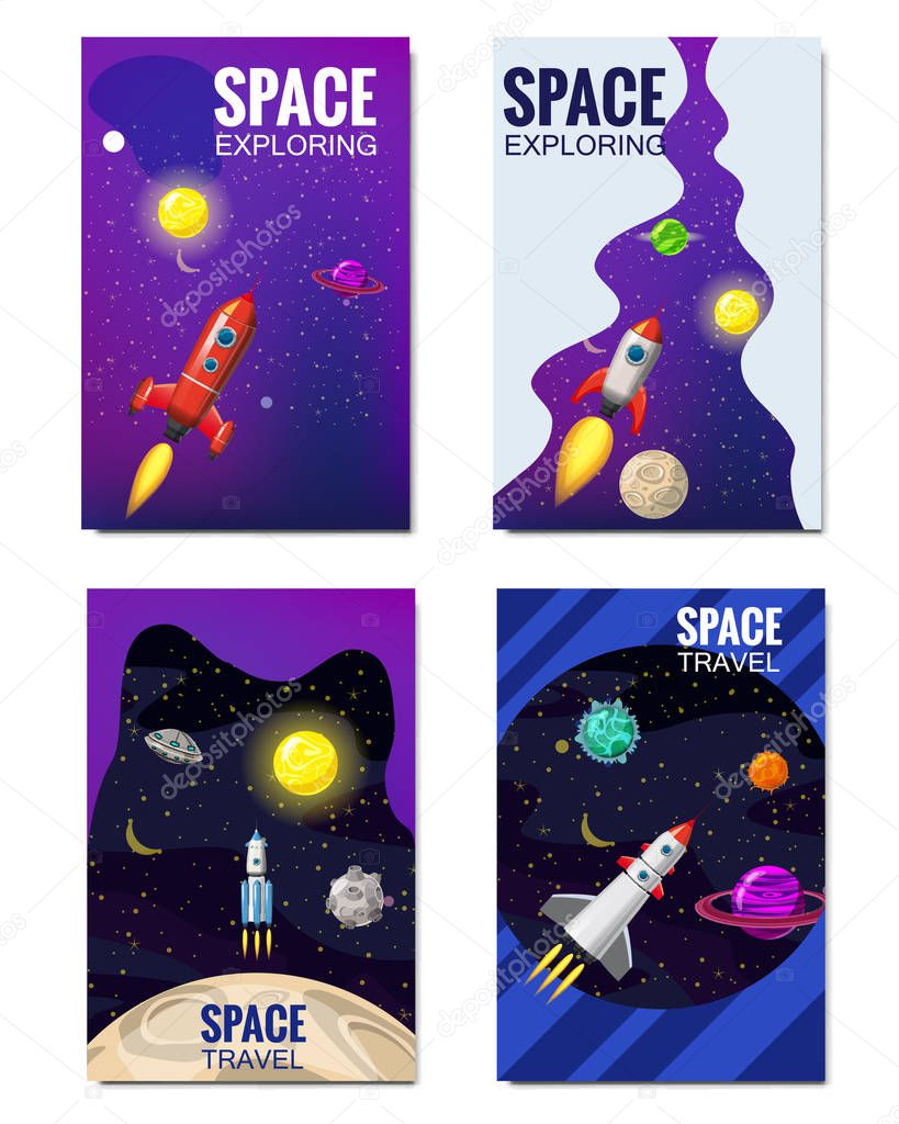 Set of space Template , space travel, exploration of the universe, other planets, flying rockets, stars of distant galaxies, vector, banner, illustration, isolated. Template of flyear, magazines