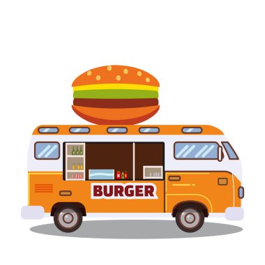 Sokak gıda kamyon, van. Fast food teslim. Fast food araba ile beyaz bir arka plan üzerinde büyük bir hamburger. Karikatür tarzı, vektör, izole