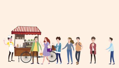 Kahve sepeti, barista, renkli kahve dükkanı açık kompozisyon, şehir, kahve, erkekler ve kadınlar, gençler, kentsel sahne, vektör, doğrultusunda ayakta alıcılar ile izole stil, çizgi film