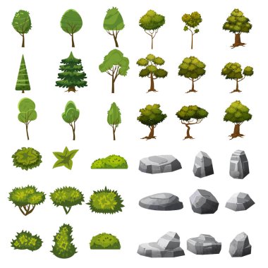 Taş, ağaç ve çalı Bahçe, park, oyun ve uygulama tasarımı için peyzaj elemanlarının kümesi. Vektör grafikleri, karikatür tarzı, izole