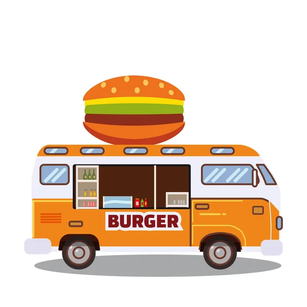 Street food truck, van. Szybkiej dostawy. Fast food samochód z duży hamburger na białym tle. Stylu cartoon, wektor, na białym tle — Wektor stockowy