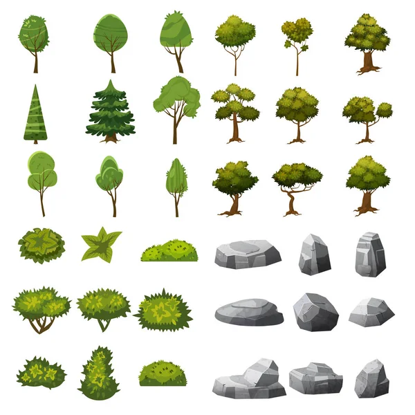 Kövek, fák és bokrok a tájképi elemek a design a kert, park, játékok és alkalmazások gyűjteménye. Vektorgrafikus, rajzfilm stílusú, elszigetelt — Stock Vector
