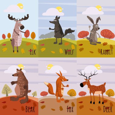 İzole set kartları Woodland hayvanları ve sevimli orman tasarım öğeleri, geyik, kurt, tavşan, ayı, fox, elk, karikatür tarzı, vektör,
