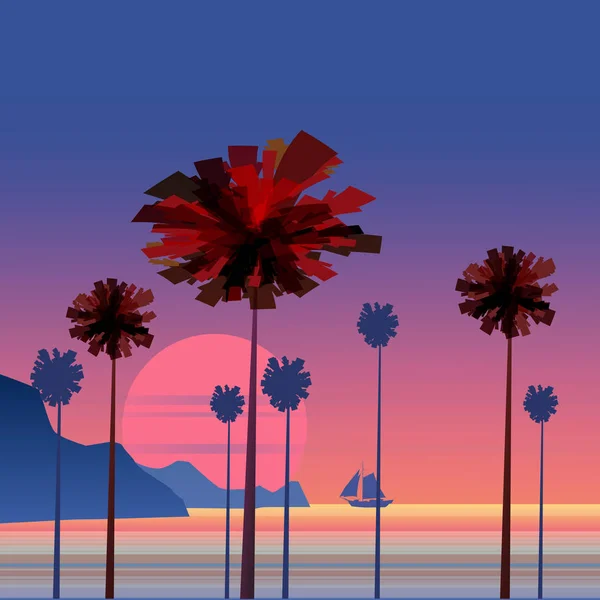 Alba tropicale in riva al mare, paesaggio marino con palme, barca a vela illustrazione minimalista. Alba o tramonto sul mare. Scena oceanica con sole nascente, palme, barca a vela, montagne e cielo. Costa rocciosa — Vettoriale Stock