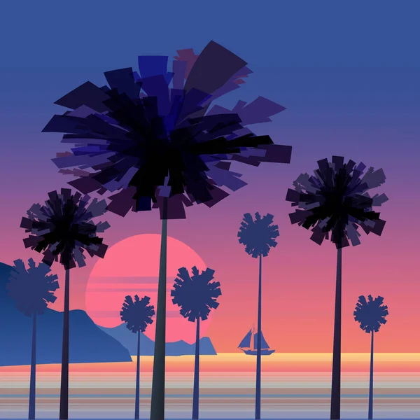 Тропический восход солнца на берегу моря, морской пейзаж с пальмами, парусная лодка минималистическая иллюстрация. Морской восход или закат. Океанская сцена с восходящим солнцем, пальмами, парусником, горами и небом. Скалистое побережье — стоковый вектор