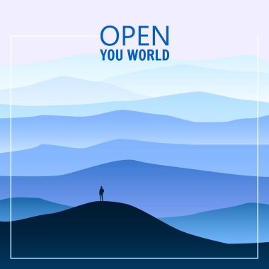 Minimalist dağ manzarası, silüetler, açık dünya, yalnız explorer, ufuk, bakış açısı, vektör, illüstrasyon izole,