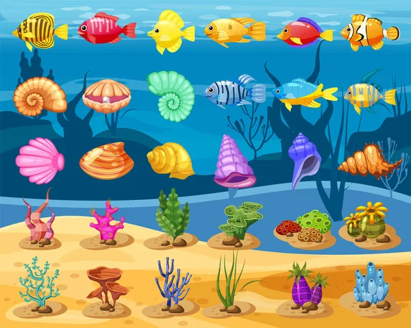 만화 벡터 게임 아이콘 조개, 다채로운 산호초 열 대 물고기, 진주, 화려한 산호와 조류, 흰색 바탕에 경기 3 게임, 애플 리 케이 션에 대 한 수 중 배경. 절연된 요소. — 스톡 벡터