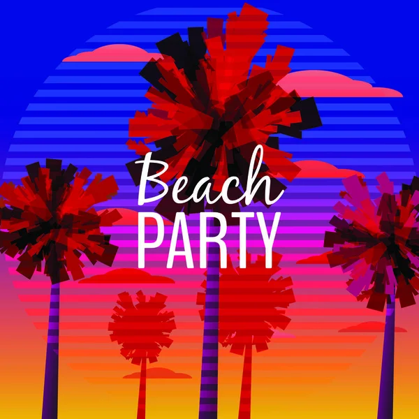 Beach Party Flyer, Baner, uitnodiging ontwerp met typografisch ontwerp op natuur achtergrond met palmbomen. Zonsondergang Oceaan, zee. Vector, Eps10 afbeelding. — Stockvector