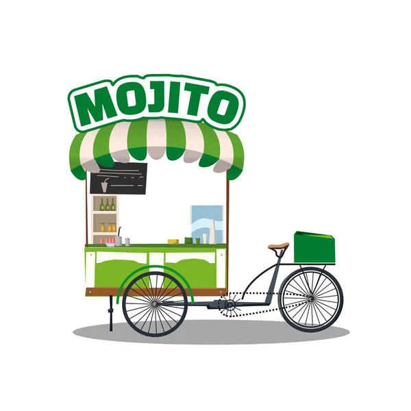 Sprzedawcy uliczni koktajli Mojito drink cart. Szybkiej dostawy napojów. Fast food cart zielony kolor na białym tle. Stylu cartoon, wektor, na białym tle — Wektor stockowy