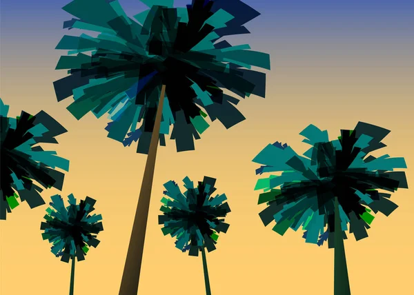 Tropischer Sonnenaufgang am Meer, Meereslandschaft mit Palmen, minimalistische Illustration. Meereslandschaft Sonnenaufgang oder Sonnenuntergang. Ozeanszene mit aufgehender Sonne, Palmen, Bergen und Himmel. Küste im blauen Farbvektor — Stockvektor