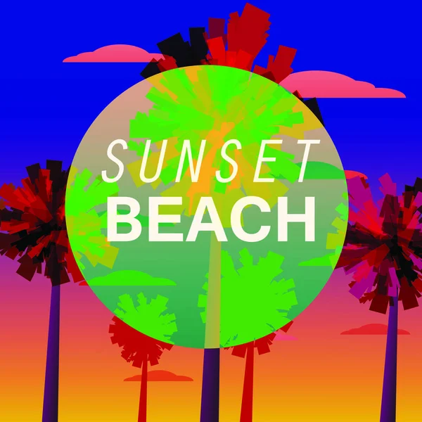 日落海滩传单, Baner, 邀请热带日出在海滨, 海风景与棕榈, 简约例证。海景日出或日落。海洋场面与上升的太阳, 棕榈树, 山和 — 图库矢量图片