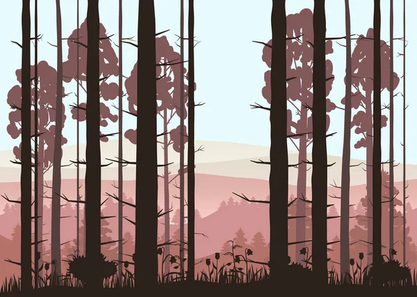 Zonnige bos achtergrond. Vectorillustratie van bossen in bos in zonlicht achtergrond. Geïsoleerd — Stockvector