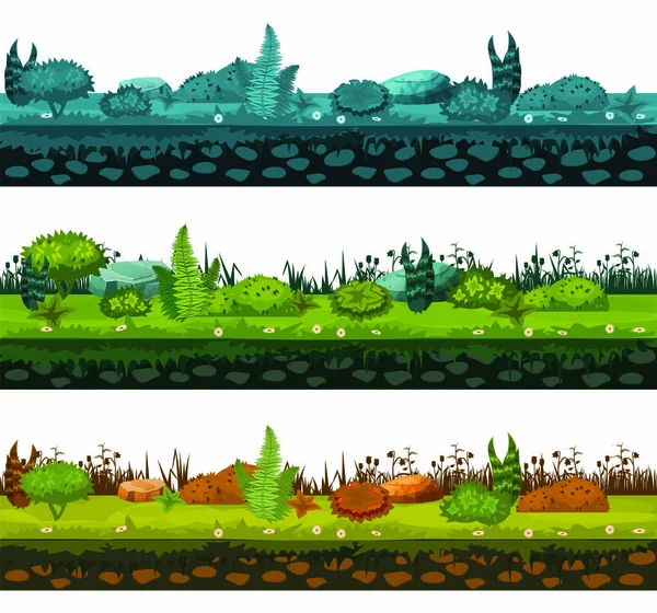 Ensemble de différents types de sols et de terres avec différents types de végétation, herbe, feuillage pour le développement de jeux ui, applications, style de dessin animé vectoriel, isolé — Image vectorielle