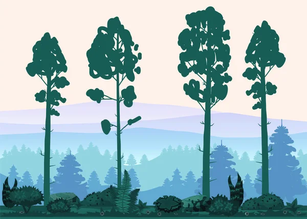 Desenhos animados ilustração da floresta de fundo. Bosques florestais brilhantes, silhuetas, árvores com arbustos, samambaias e flores. Para jogos de design, aplicativos, sites. Vetor, estilo cadroon, isolado — Vetor de Stock