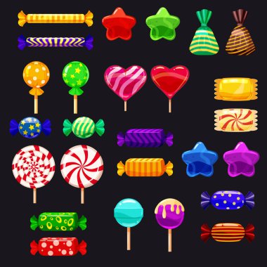 Süp farklı şeker siyah arka plan sert şekerlemeler badem jöle fasulye nane şeker üzerinde ayarla. Vektör çizim,