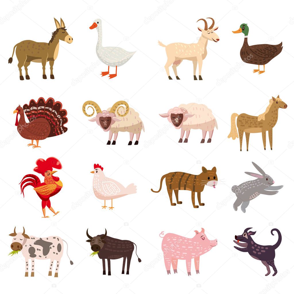 Set cute cartoon animals collection sheep, goat, cow, donkey, horse, pig, cat, dog duck goose chicken hen rooster bull rabbit turkey isolated
