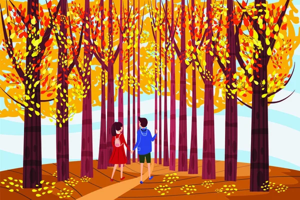 Φθινόπωρο χαρακτήρες δρομάκι, δύο τύπος και το κορίτσι με τα πόδια κατά μήκος της διαδρομής στο πάρκο, αφήνει το φθινόπωρο, φθινόπωρο, διάθεση, διάνυσμα, χρώμα, εικονογράφηση, κινούμενα σχέδια στυλ, απομονωμένες — Διανυσματικό Αρχείο